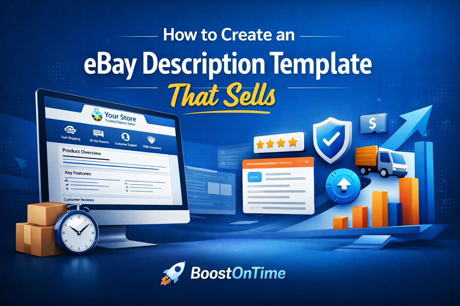 Illustration of an eBay description template that sells, showing a professional eBay listing layout with product overview, key features, customer reviews, trust badges, fast shipping icons, and sales growth chart on a computer screen.