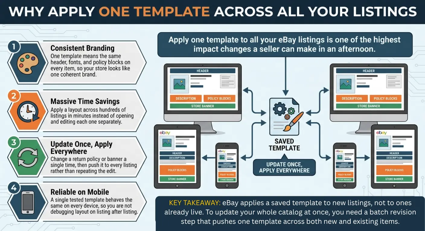 One eBay listing template applied consistently across a full catalog of listings