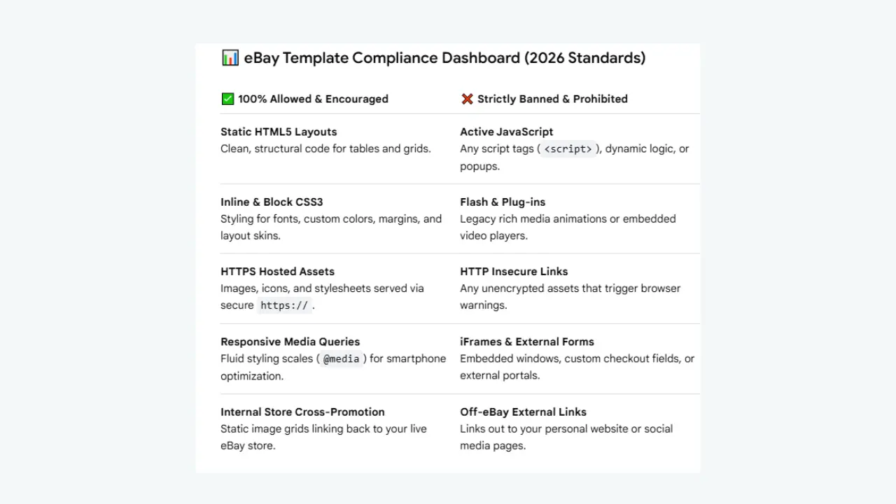 Visual comparison chart of allowed versus banned elements in eBay listing templates in 2026