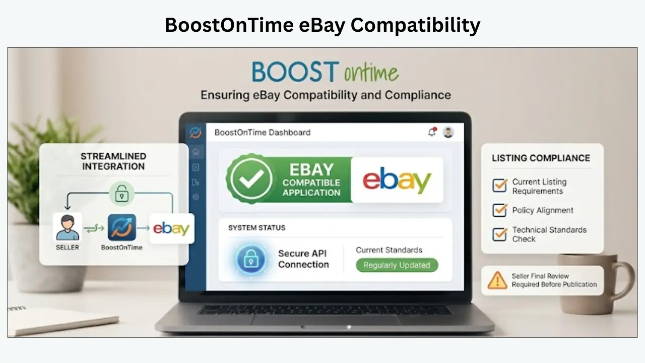 BoostOnTime eBay Compatible Application certification badge and compliance assurance overview