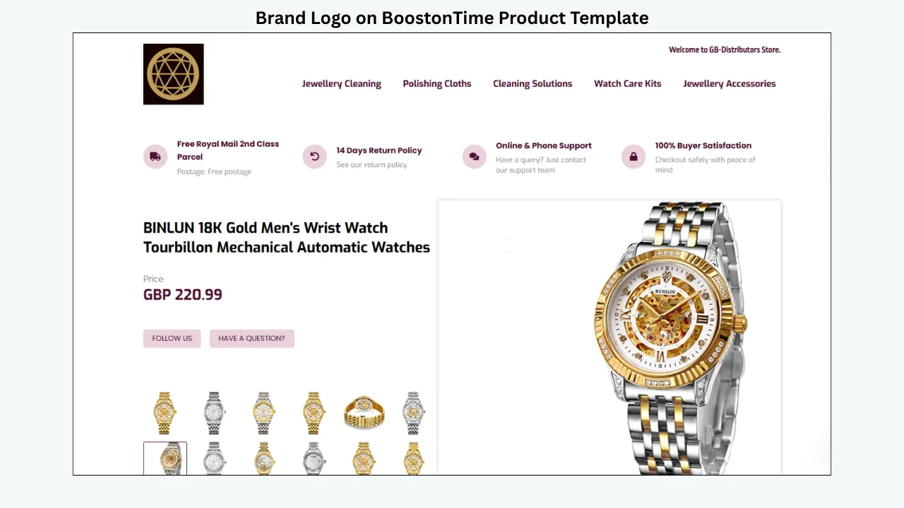 BoostOnTime eBay product template featuring brand logo, trust badges, product title, price, and watch images