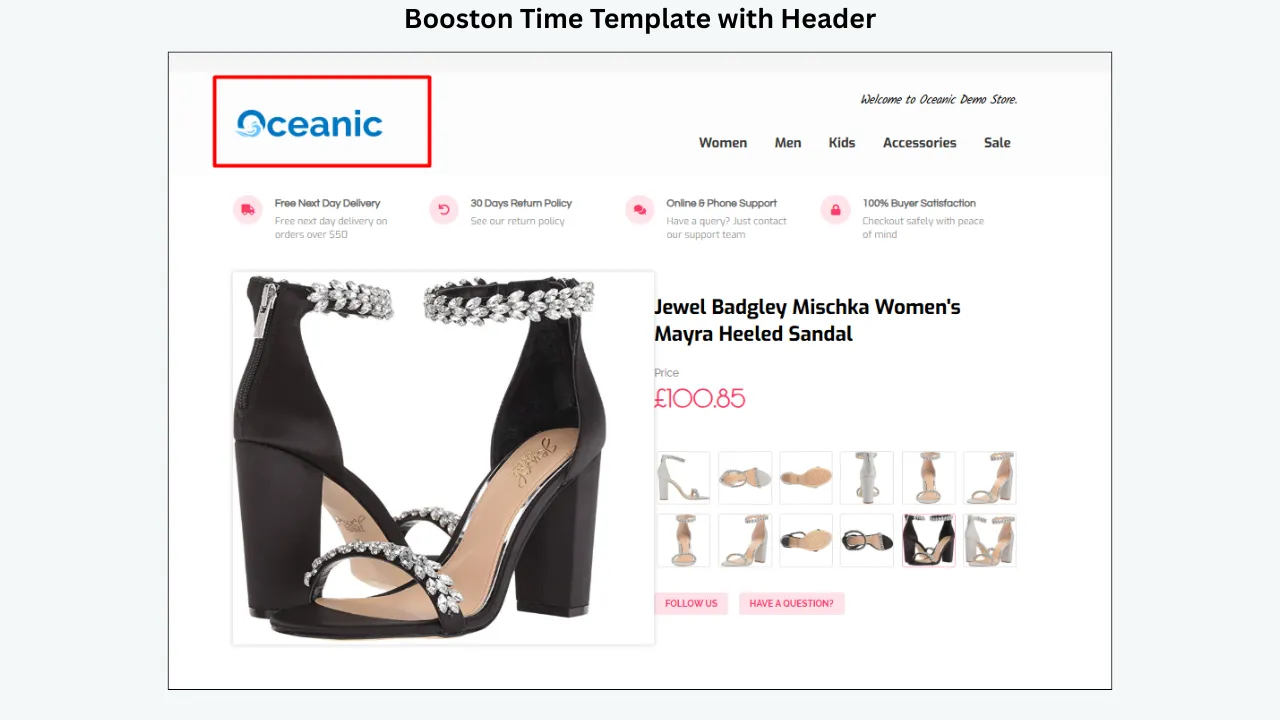 BoostOnTime eBay product template with branded header, logo, navigation menu, trust badges, and clean product layout 