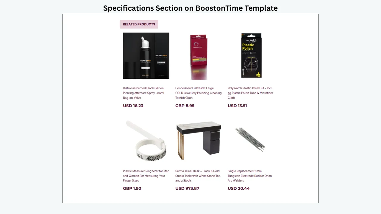 BoostOnTime template related products section showing multiple items with images, titles, and prices
