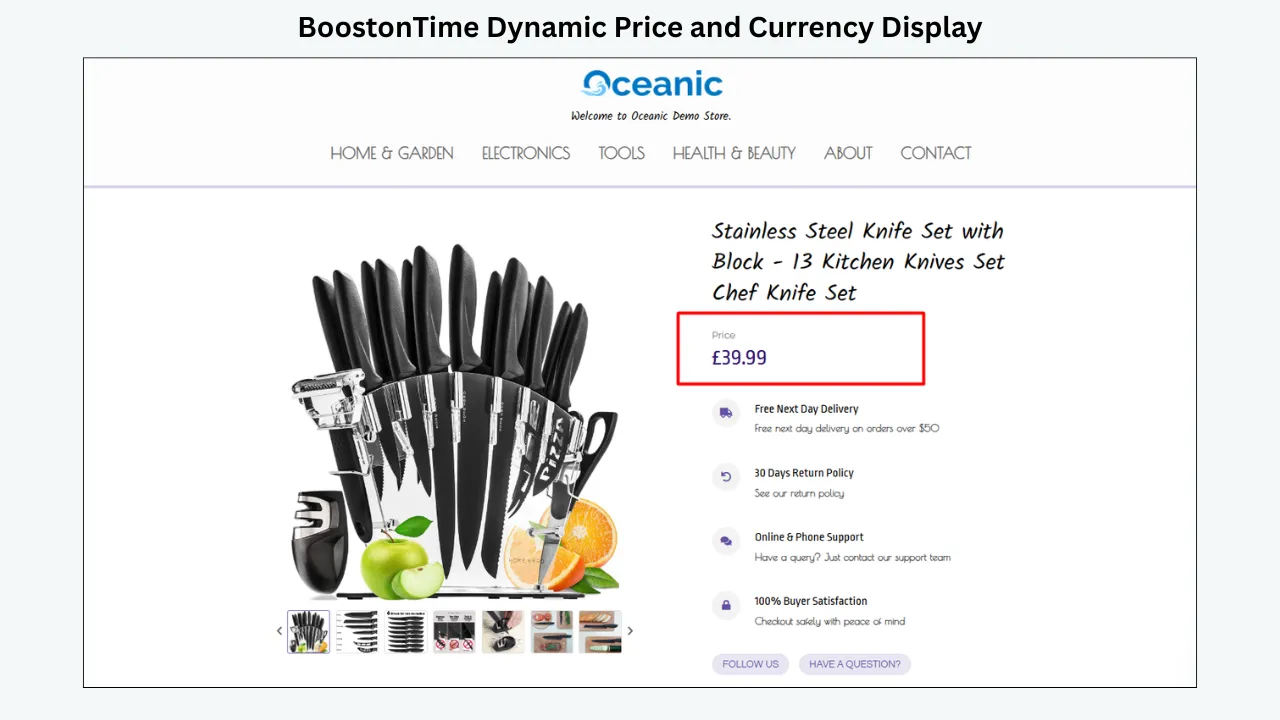 BoostOnTime template showing dynamic price and currency display with product images and trust badges