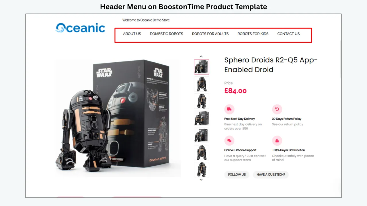 BoostOnTime product template header menu with logo, navigation links, and product display