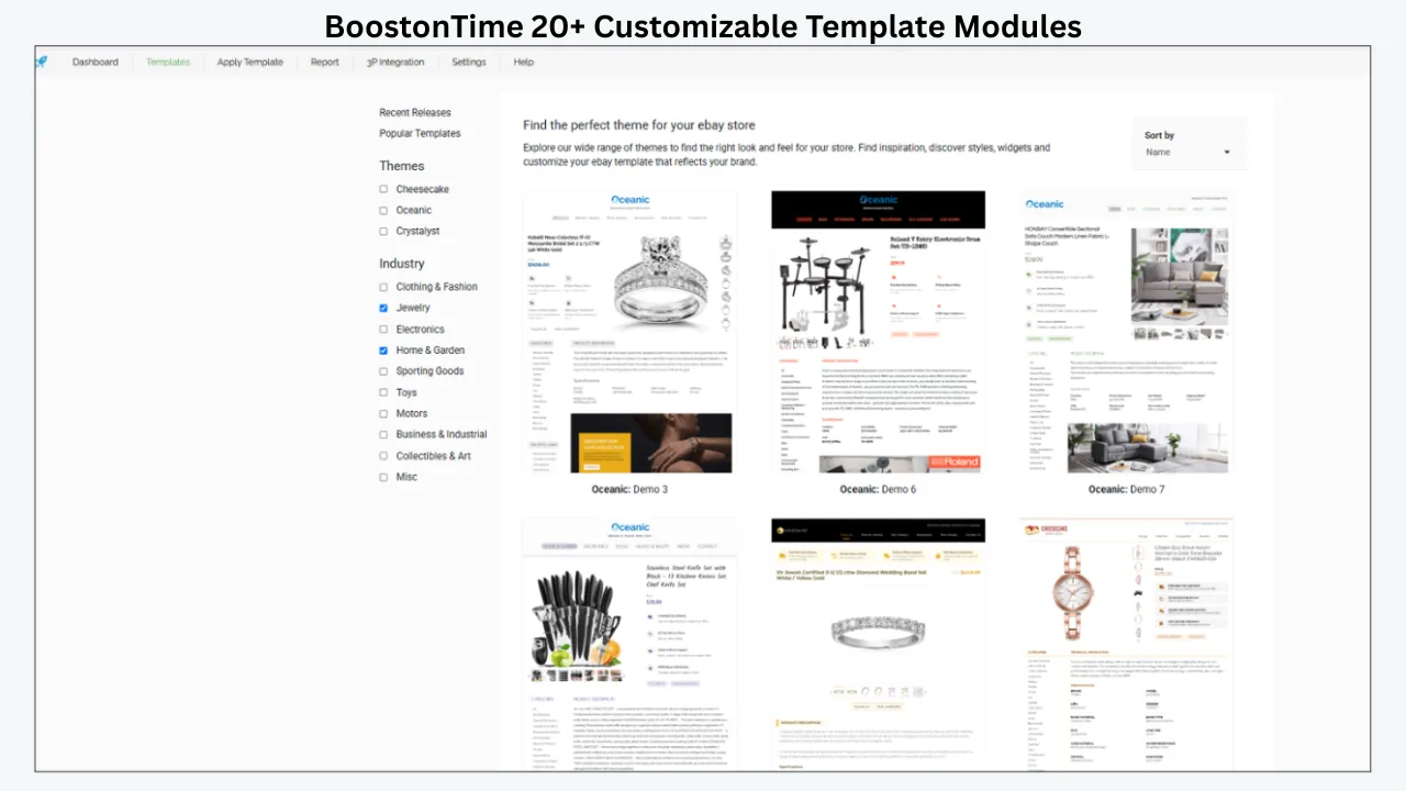 BoostOnTime template dashboard displaying more than 20 customizable eBay product template modules for jewelry, electronics, home and garden, sporting goods, and other industries.