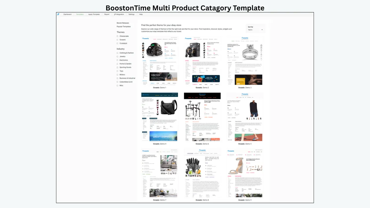BoostOnTime multi-product category template displaying multiple eBay store themes and product listing designs