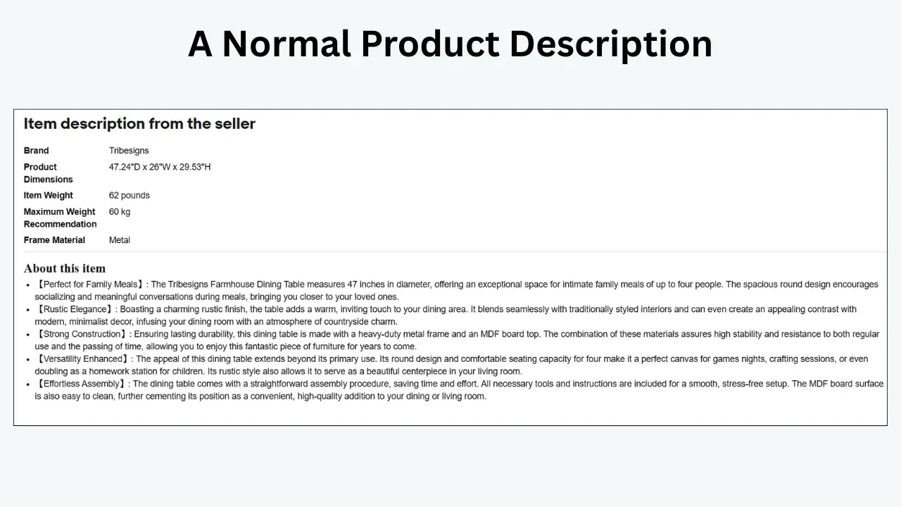 Standard eBay product description showing item specifications, brand details, dimensions, and feature bullet points. 