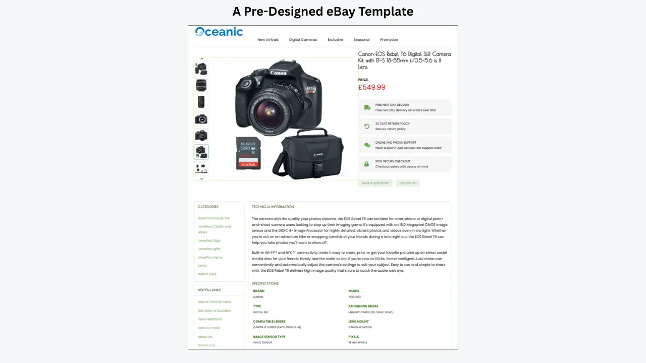 Pre-designed eBay product template with image gallery, product details, trust badges, and specifications section. 