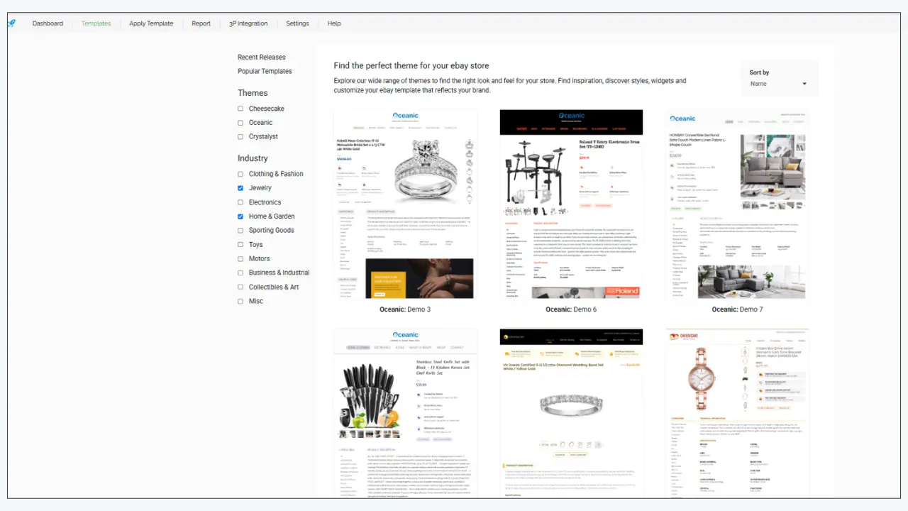 eBay template selection dashboard with customizable themes, industry filters, and professional listing template previews. 