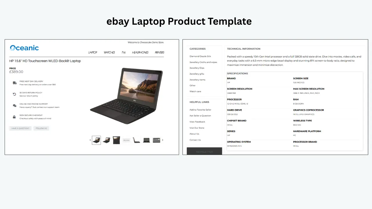 Professional eBay laptop product template featuring image gallery, technical specifications, trust badges, and product details. 