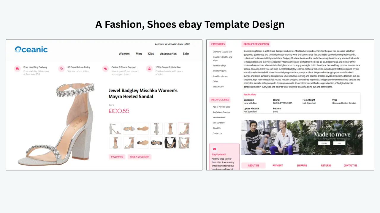 Fashion and shoes eBay template with product gallery, specifications, trust badges, promotional banner, and seller details. 
