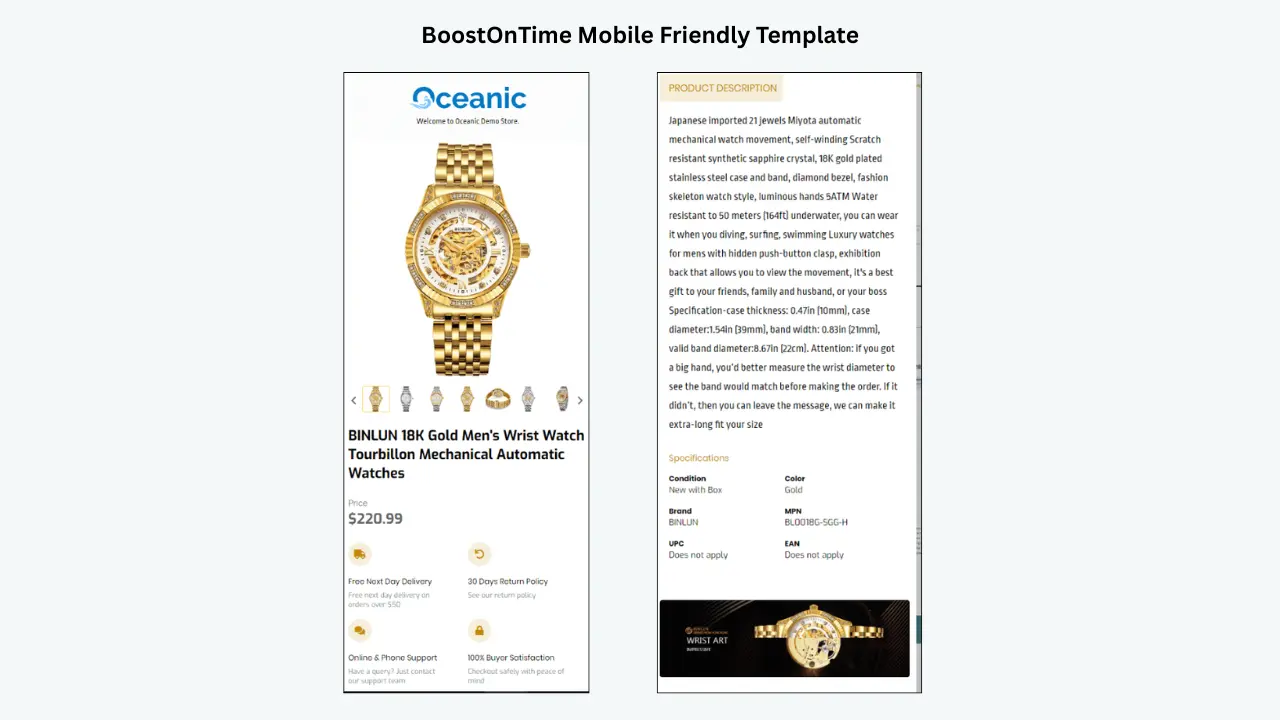 BoostOnTime mobile-friendly eBay template displaying responsive product gallery, description, specifications, and trust badges. 