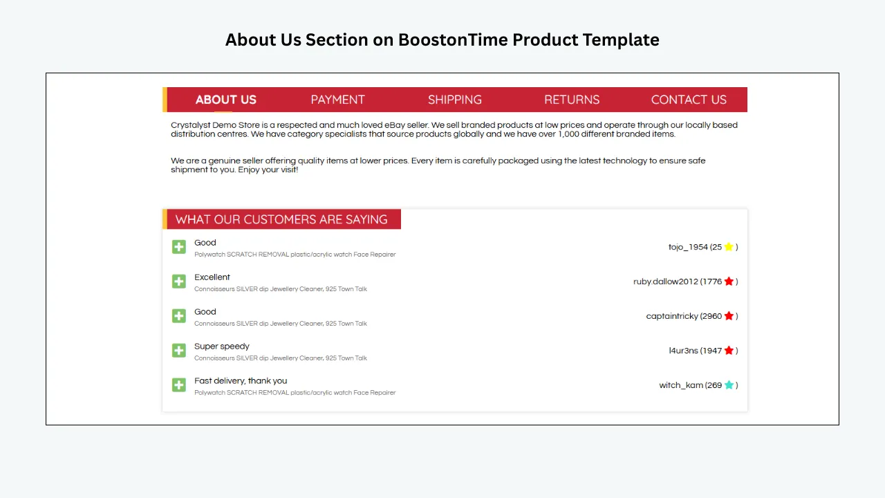 BoostOnTime template About Us section with store description, tabs, and customer feedback