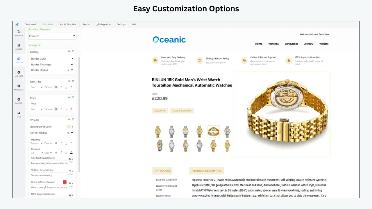 eBay template customization panel for Oceanic watch listing with gallery, title, price, and Why Us widgets. 