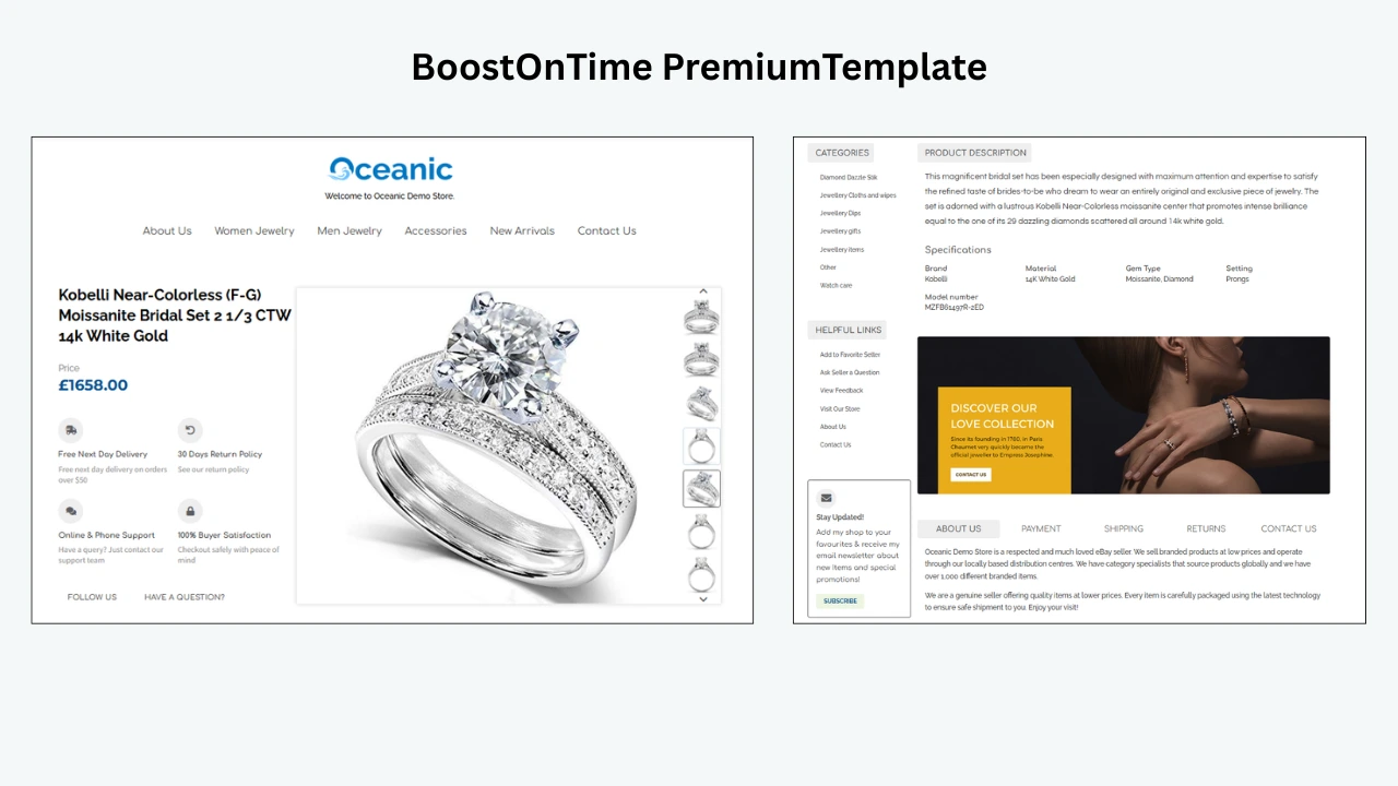 Oceanic premium eBay template for Kobelli Near-Colorless Moissanite Bridal Set 2 1/3 CTW 14k White Gold ring £1658 