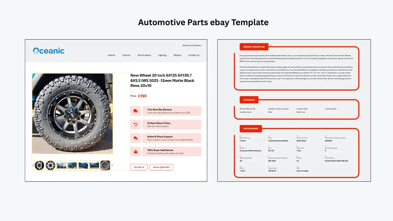 Automotive parts eBay template featuring responsive product layout, wheel listing, specifications, categories, and product description. 