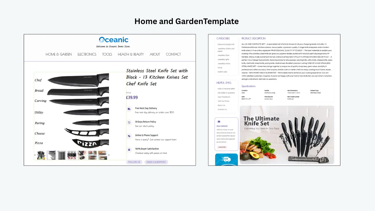 Home and garden eBay template featuring stainless steel knife set product layout, image gallery, specifications, categories, and detailed description. 