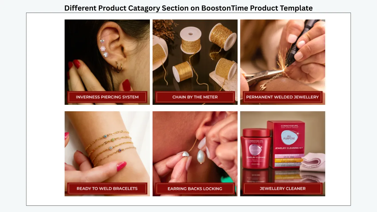 BoostOnTime template product category section showing six jewelry-related category images and labels
