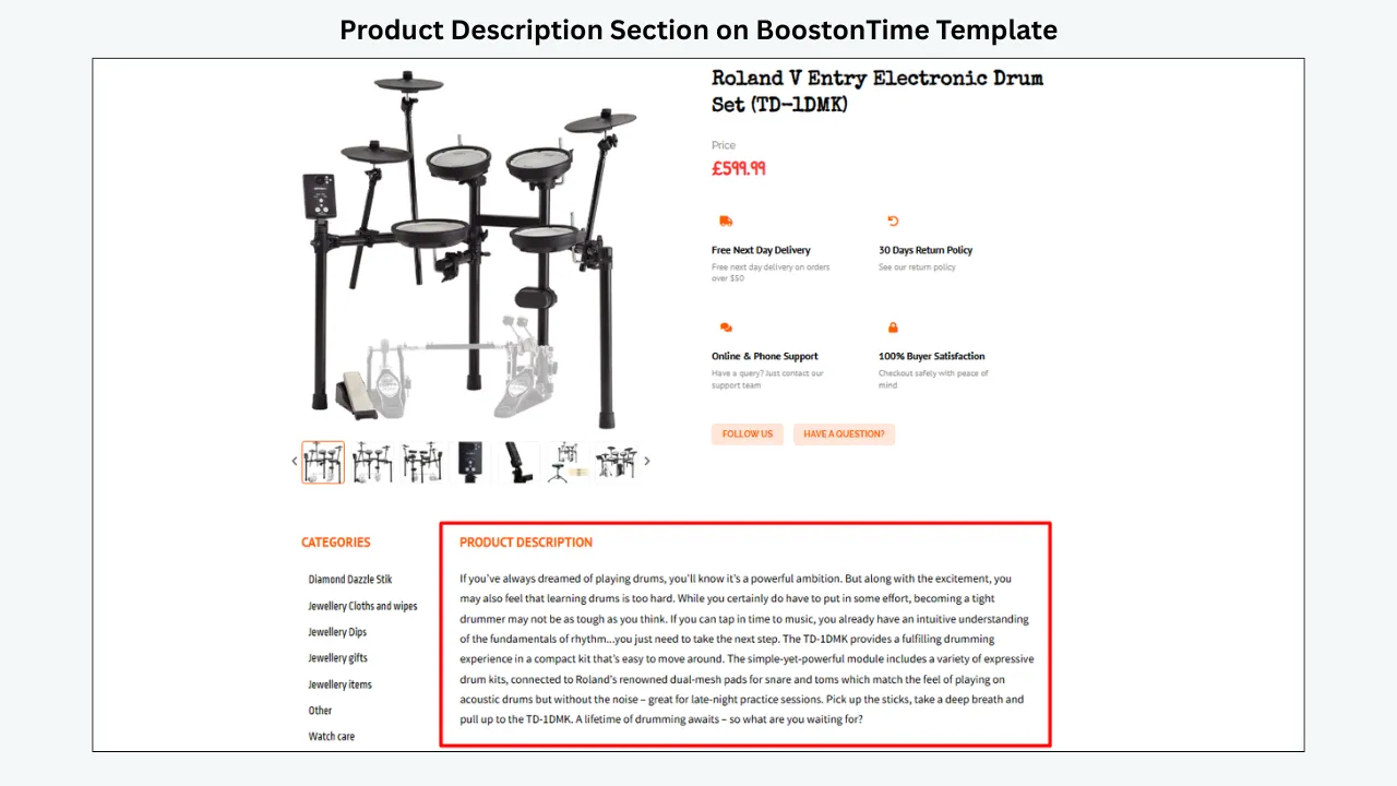 BoostOnTime template product description section with detailed text, images, and trust badges