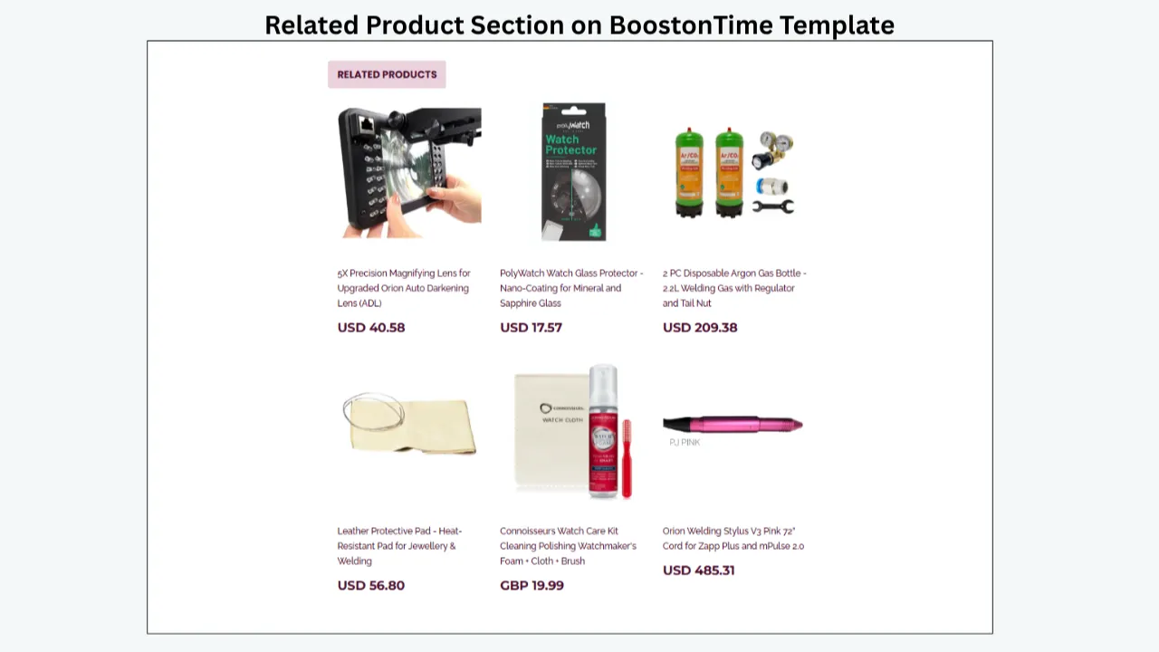 BoostOnTime eBay related products section displaying six products with images, descriptions, and prices.