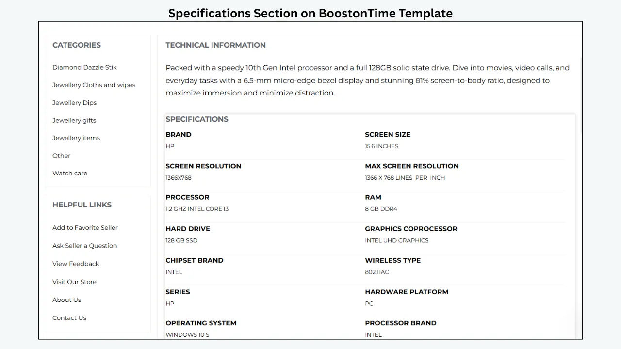 BoostOnTime template specifications section with technical details, categories, and helpful links