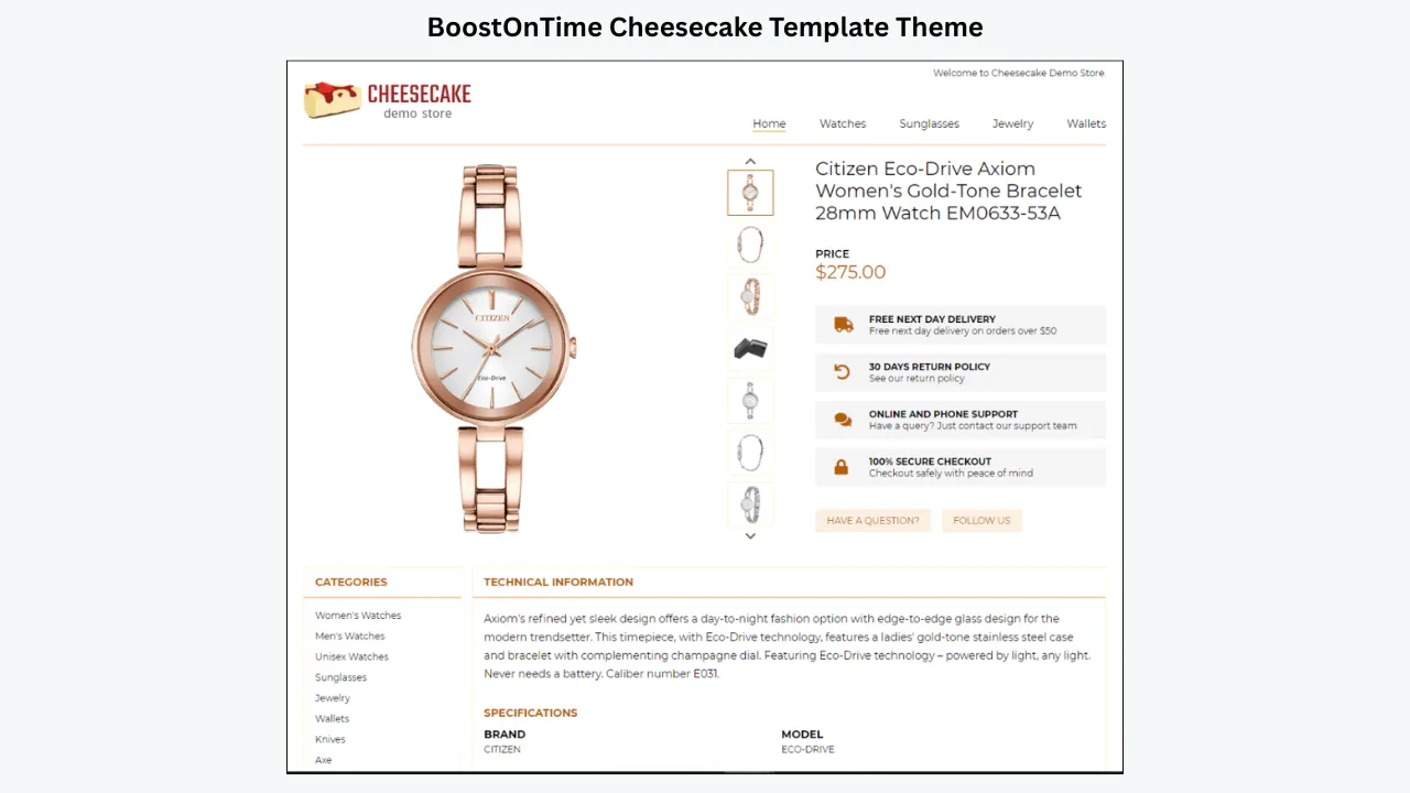 BoostOnTime Cheesecake eBay template featuring a Citizen Eco-Drive women’s gold-tone watch
