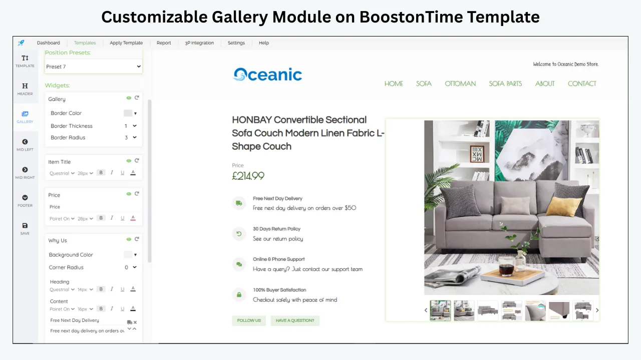 BoostOnTime template editor showing a customizable product gallery module with image settings and a sofa product preview