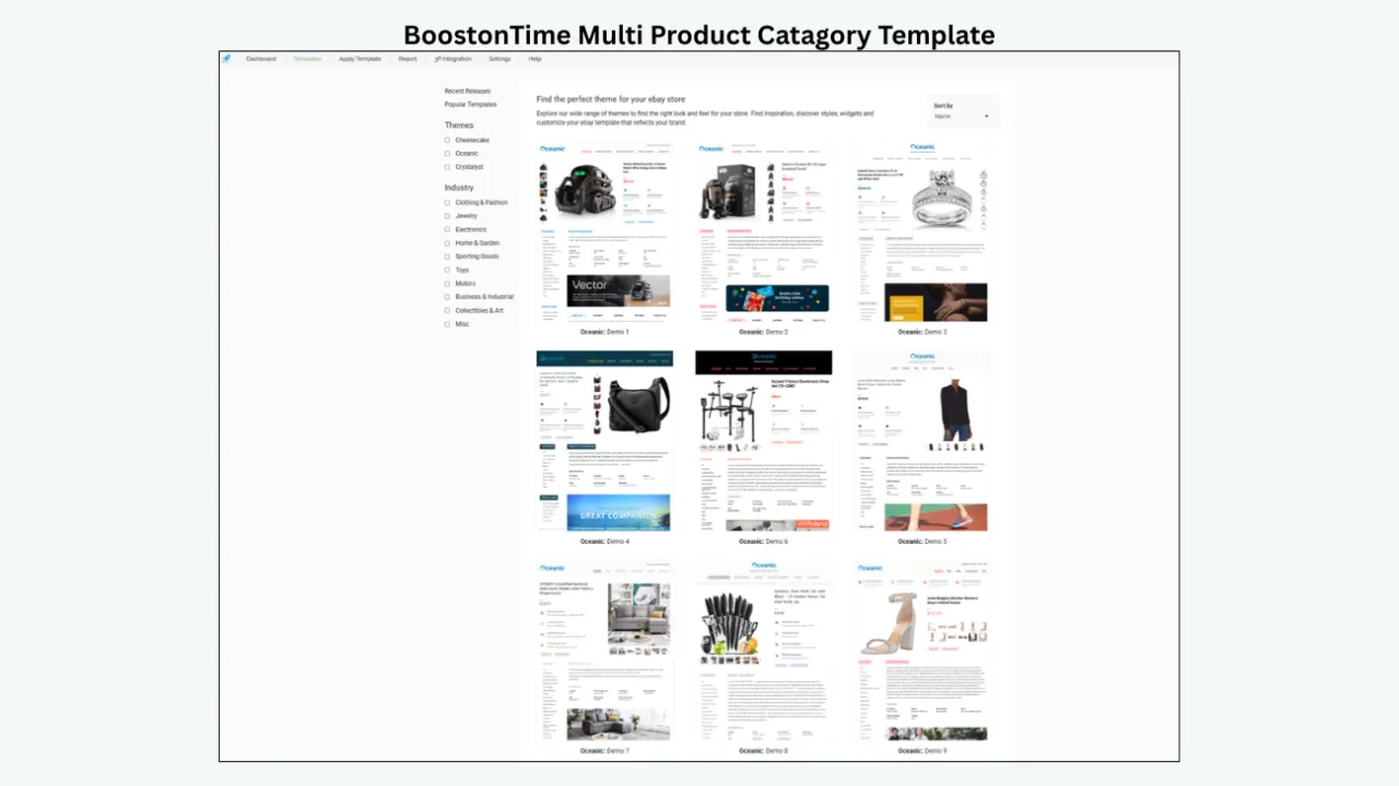 BoostOnTime multi-product category template displaying multiple eBay listing designs, themes, and industry categories.