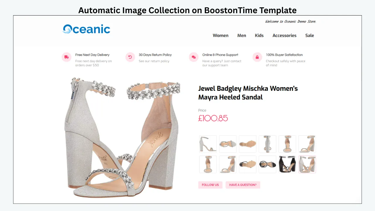 BoostOnTime template showing automatic product image collection for a women’s embellished sandal
