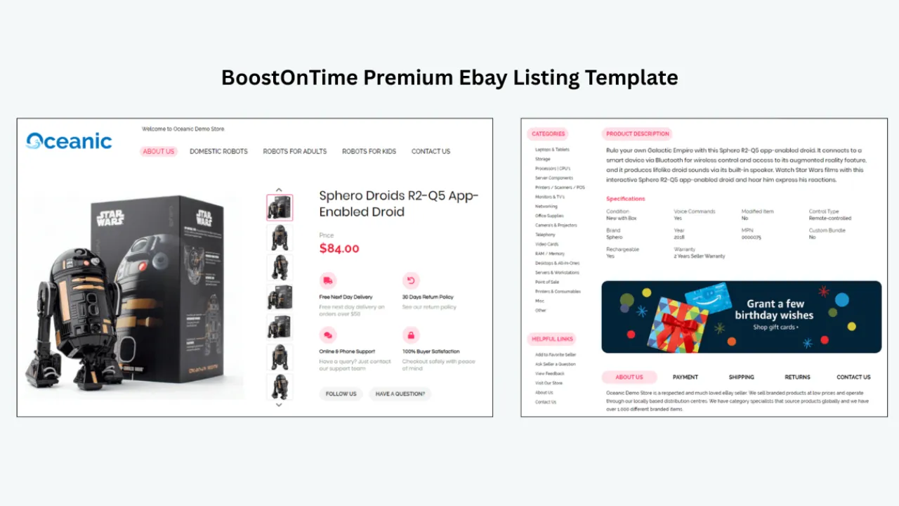 BoostOnTime premium eBay listing template featuring product details, categories, and promotional sections