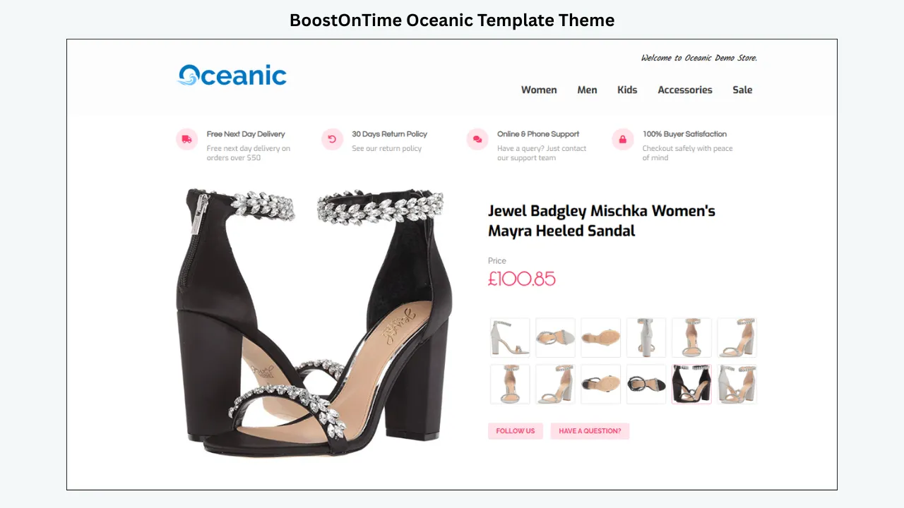 BoostOnTime Oceanic eBay product template featuring a women’s jeweled heel sandal