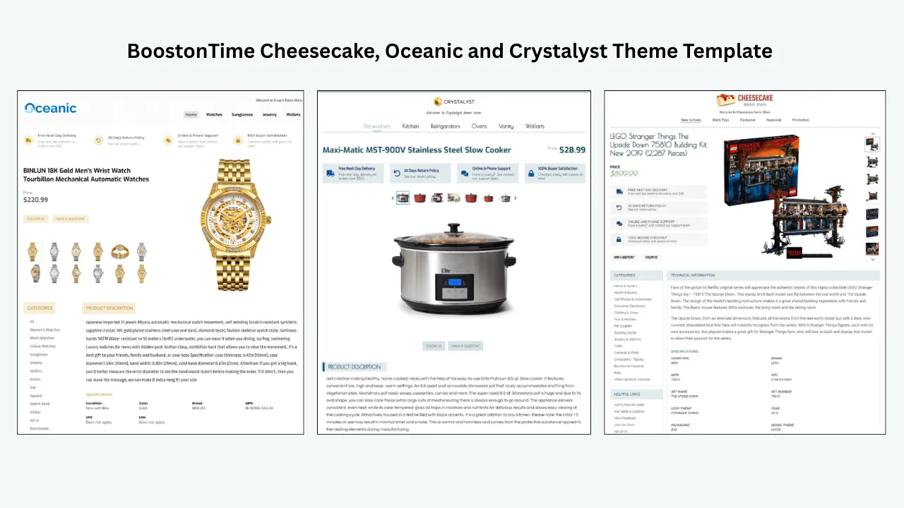 BoostOnTime three theme templates side by side showing Oceanic, Crystalyst and Cheesecake designs