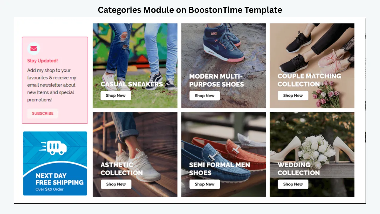 BoostOnTime eBay categories module featuring six footwear collections with shop now buttons and promotional banners