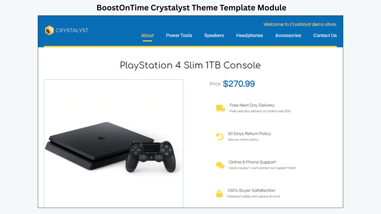 BoostOnTime Crystalyst theme eBay template showing PlayStation console, price, and trust badges