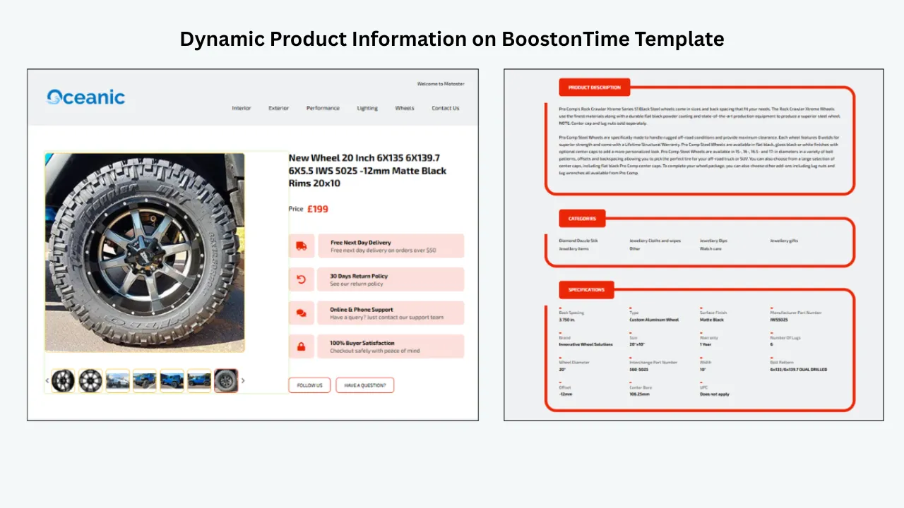 BoostonTime template showing a vehicle wheel product page with dynamic product description, categories, and specifications.