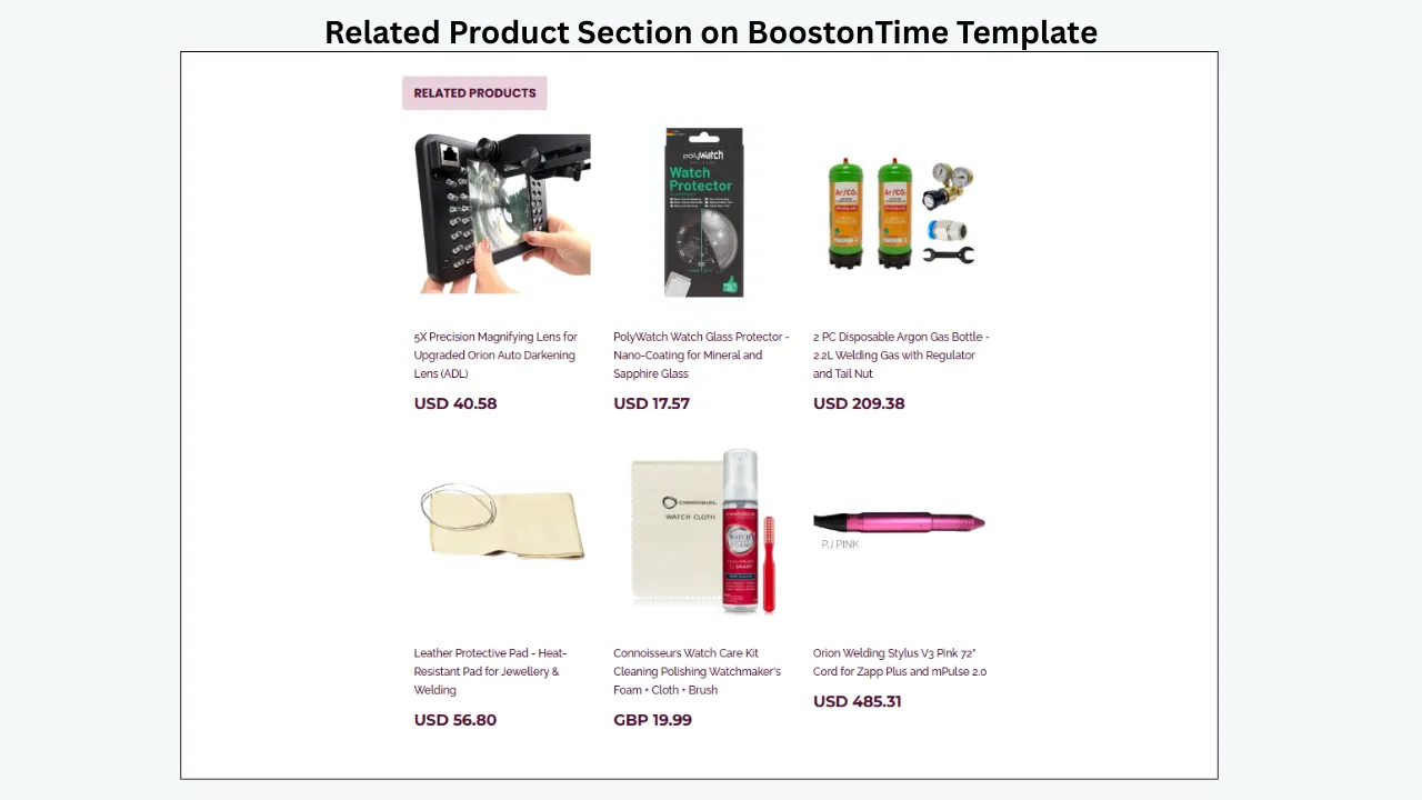 BoostOnTime eBay template related products section displaying six recommended items