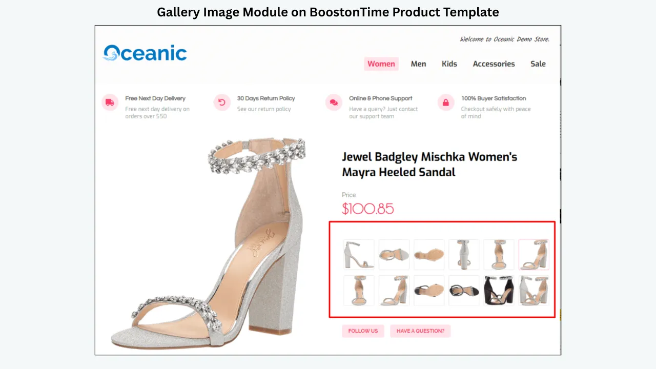 BoostOnTime eBay product template featuring a gallery image module for a Jewel Badgley Mischka women's heeled sandal