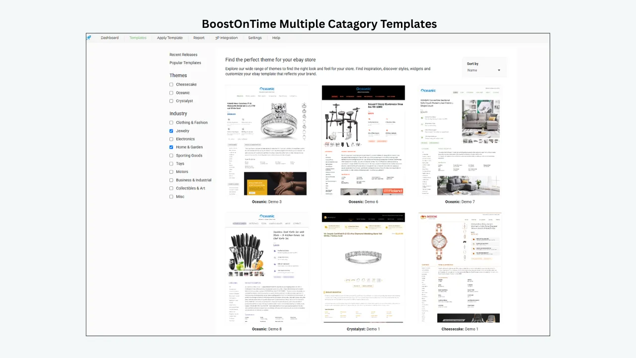 BoostOnTime template gallery showing multiple category demos including jewelry, electronics, and home products