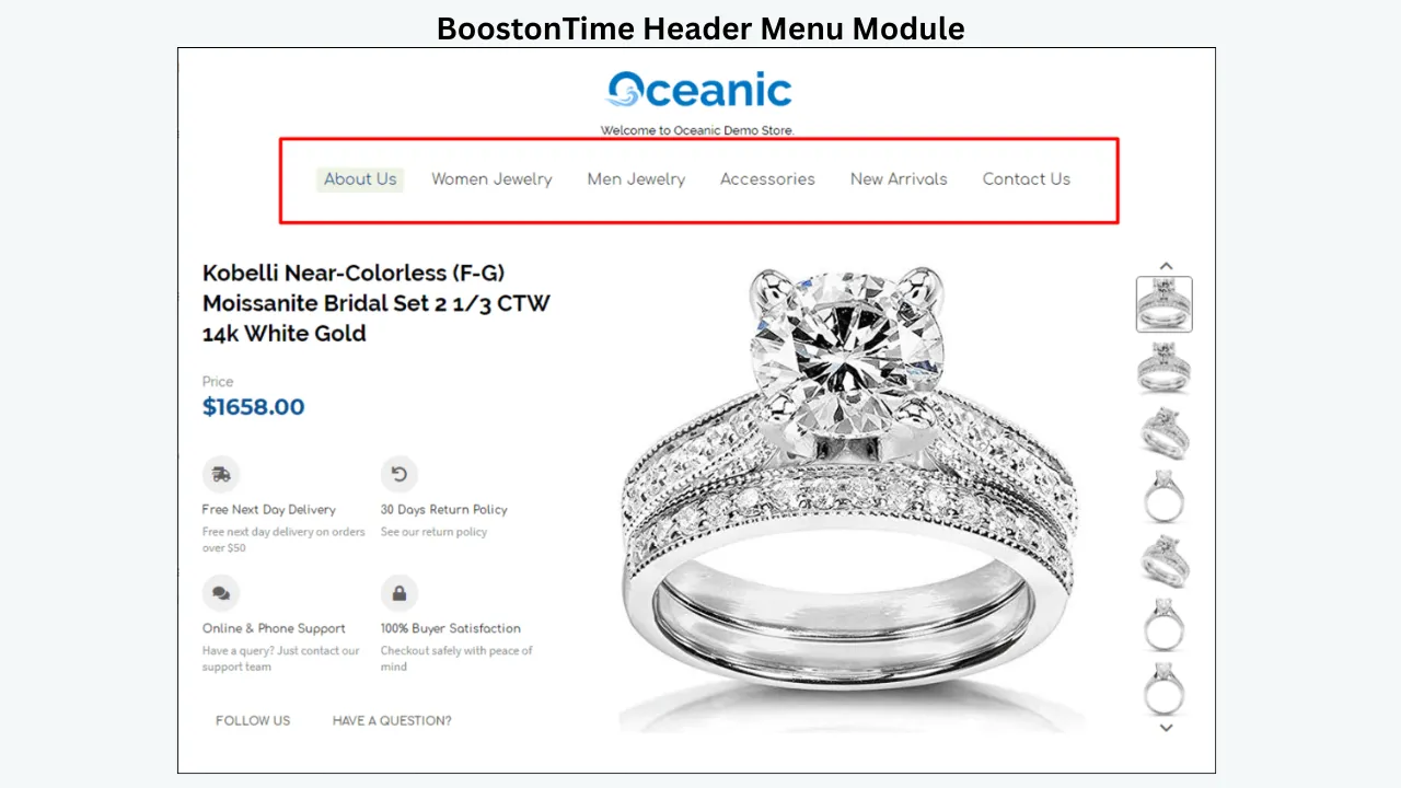 BoostOnTime eBay template showing a centered Oceanic logo and navigation menu above a jewelry product listing