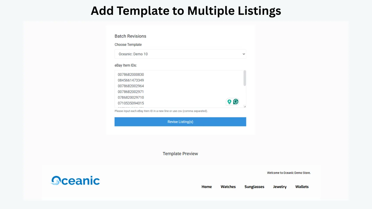 eBay batch revisions screen showing template selection, multiple item IDs, and template preview