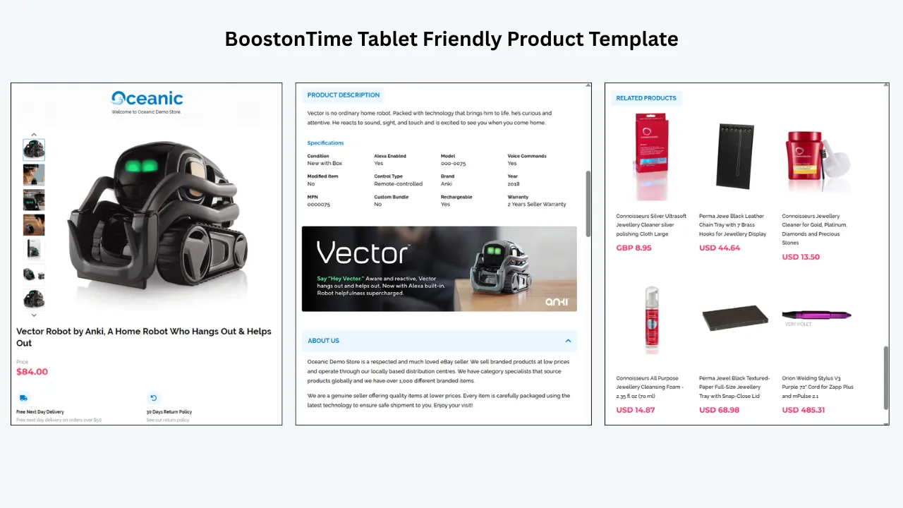 BoostOnTime tablet-friendly eBay template featuring an Anki Vector home robot