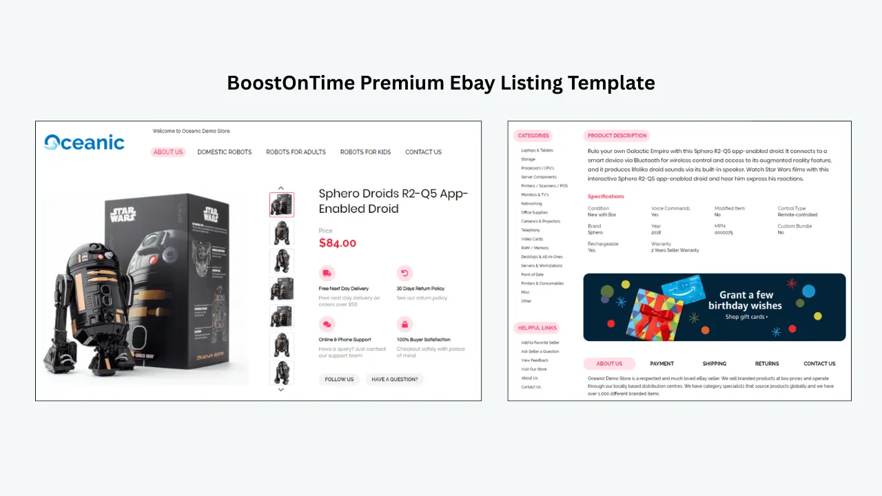 A BoostOnTime premium eBay listing template showcasing a Sphero R2-Q5 app-enabled droid. The design includes a product image gallery, price, delivery details, return policy, customer support, product description, specifications, helpful seller links, promotional content, and business information.