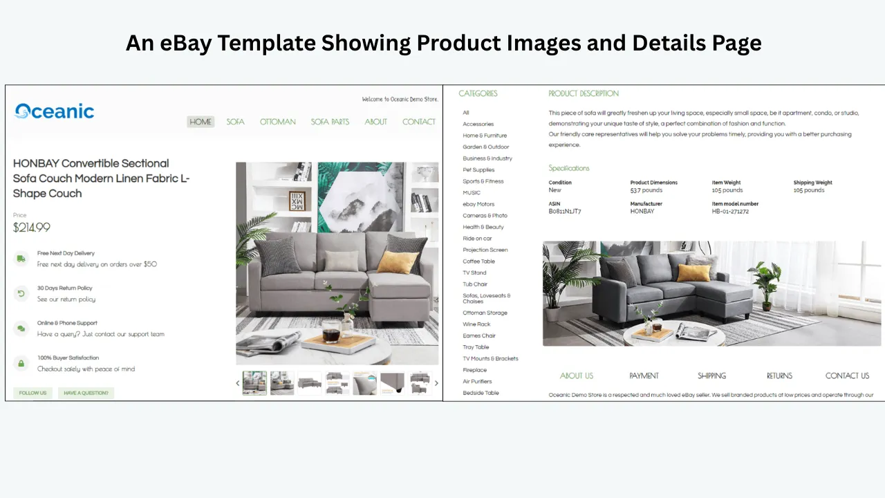 BoostOnTime eBay product template with product images, details, specifications, categories and clean responsive layout 