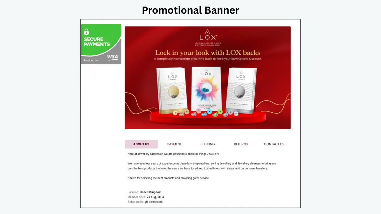 eBay promotional banner featuring LOX products, secure payment badge, and seller information.
