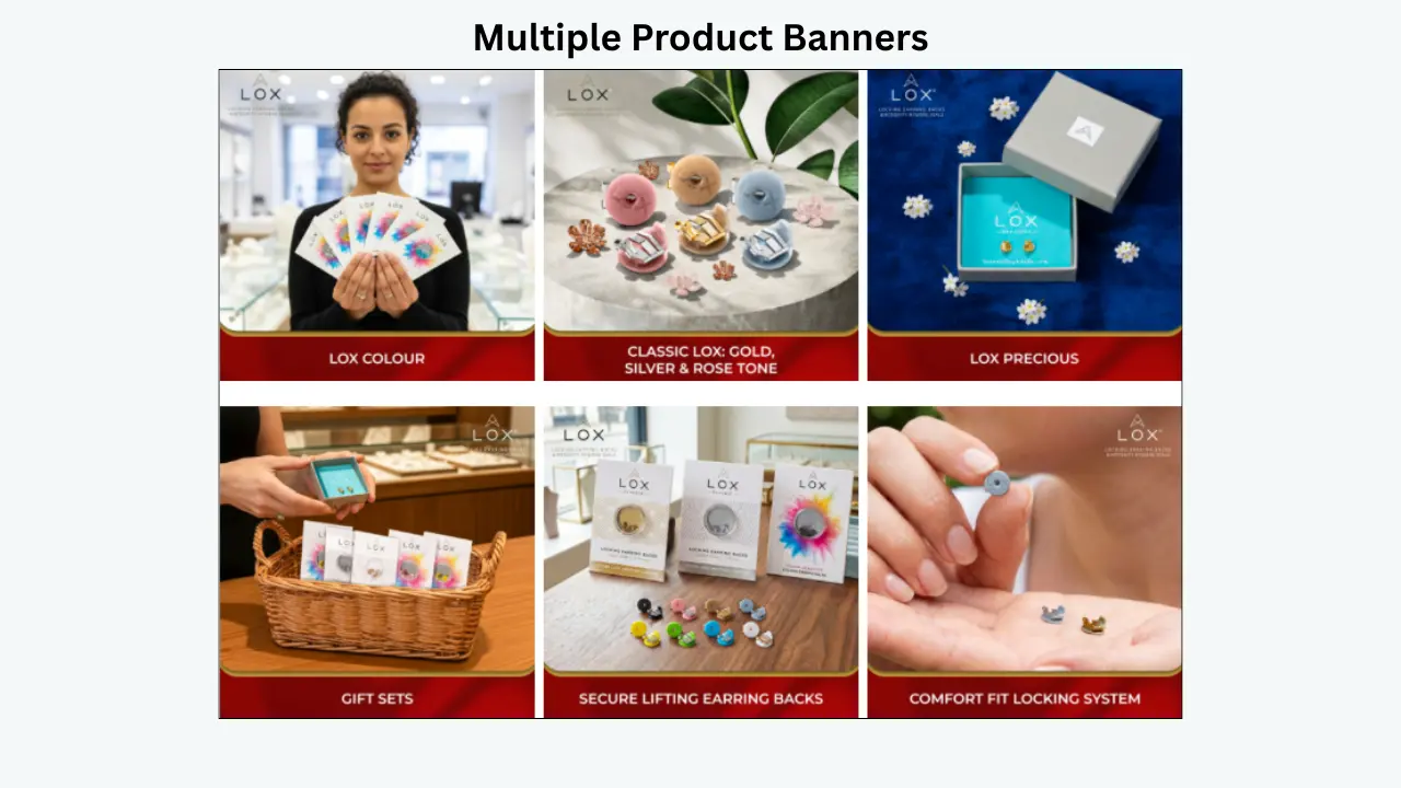 Multiple product banner grid showcasing LOX earring backs, gift sets, premium collections, and secure comfort-fit designs.