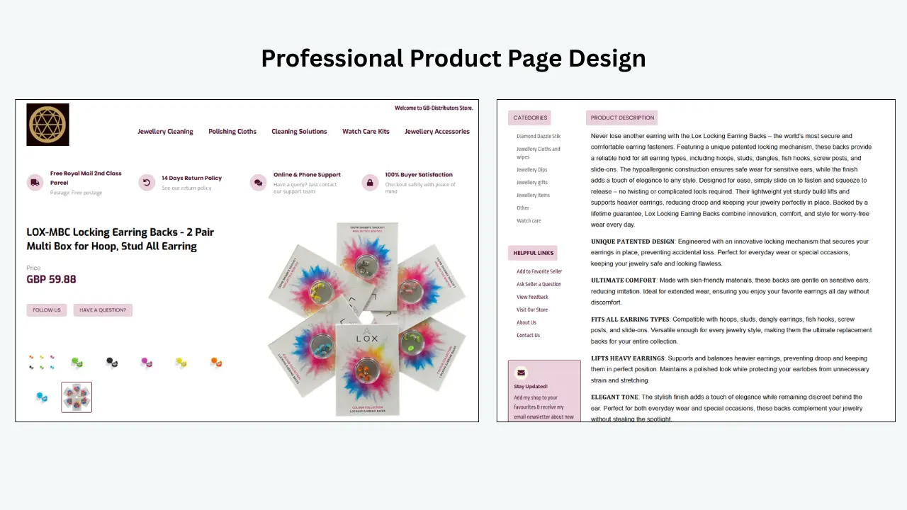 Professional eBay product page design featuring jewelry listing, product details, images, and responsive layout.
