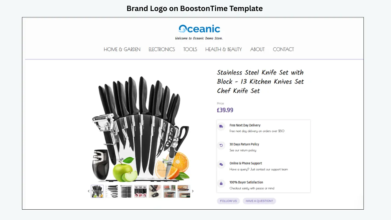 BoostOnTime eBay template featuring a centered Oceanic brand logo and kitchen knife product listing