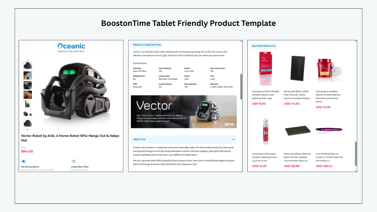 BoostOnTime tablet-friendly eBay template showing product page, description, and related products layout