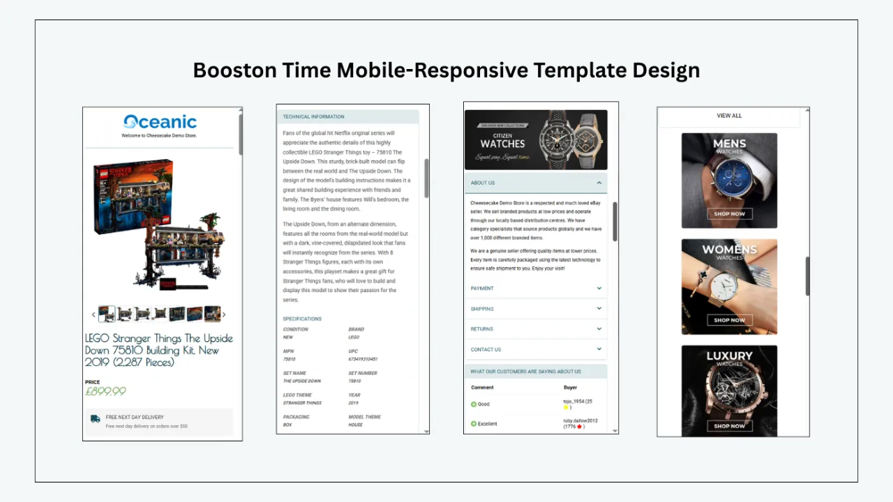 BoostOnTime mobile-responsive eBay templates showing product, details, about us, and category pages on mobile screens
